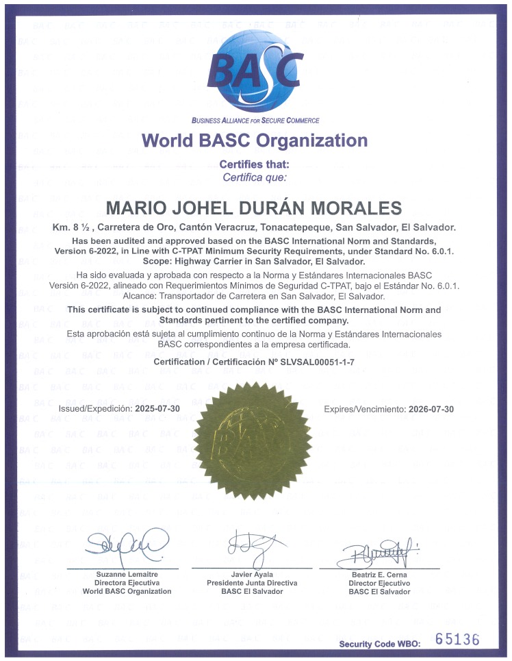 Certificación BASC de Transportes Durán